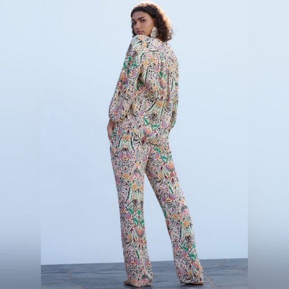 Zara 2 Piece Multicolored Metallic Thread Printed Top & Flared Pants Co Ord Set - Picture 3 of 5